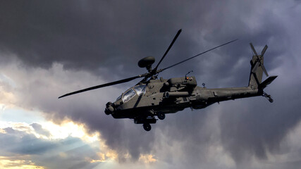 Modern Air Power. Army gunship helicopter, Dark thundery skies.