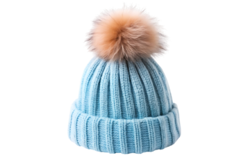 Light Blue Knitted Winter Beanie Hat with Fluffy Fur Pom Pom, Isolated on Transparent Background, Cutout PNG, AI