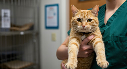 Volunteer holding ginger cat with collar in animal shelter