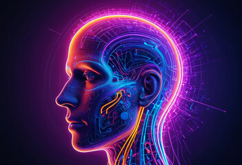 Obraz premium Human Head with Circuitry and Code