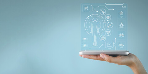 A hand holds a phone with a futuristic health and wellness app. A concept for digital health, personal health monitoring, and managing lifestyle with diet, fitness, and exercise trackers.