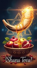 Golden shofar dripping sweet honey onto red apples and pomegranates in a festive bowl. Star of David glows for Rosh Hashanah, Jewish New Year. Shana Tova celebration wishes.