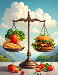A vintage-style balance scale depicts healthy and unhealthy food choices