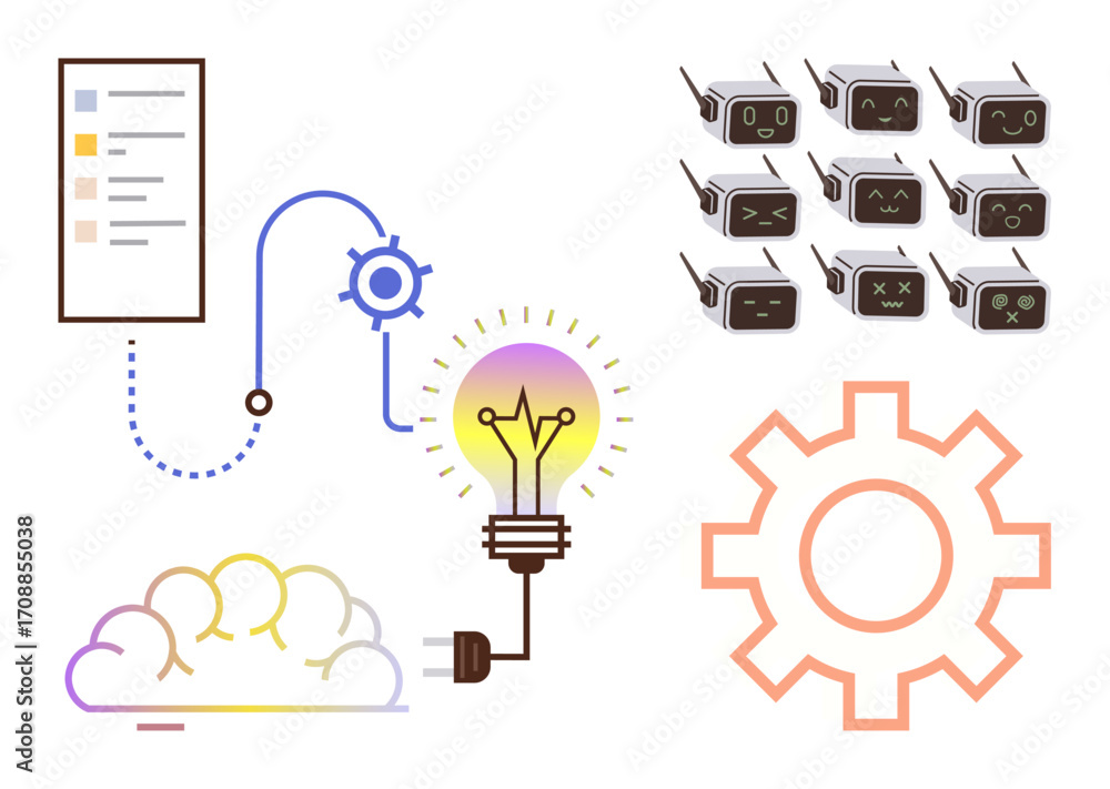 Aufkleber diagram with light bulb connected to cloud, gear, and ai bots. highlights innovation, automation, co
