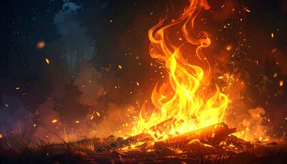 A powerful bonfire with intense orange flames and flying sparks at night.