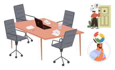 Office meeting table with papers, laptop, glass of water. Graphics of a man locking a door, analytics chart, and thinking person. Ideal for teamwork, security, strategy innovation business