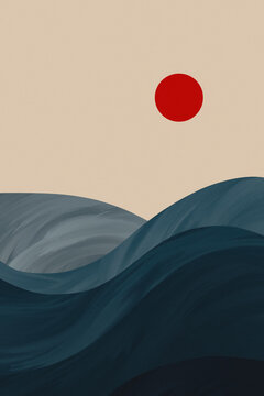 Landscape illustration featuring sun and sea waves at dusk