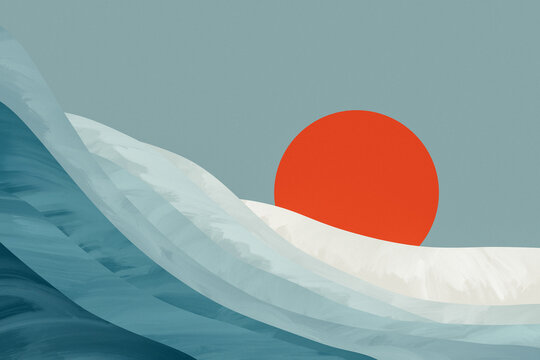 Landscape illustration featuring sun and sea waves at dusk