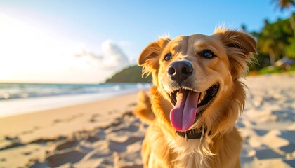 Happy Golden Retriever Dog on Sandy Beach at Sunset