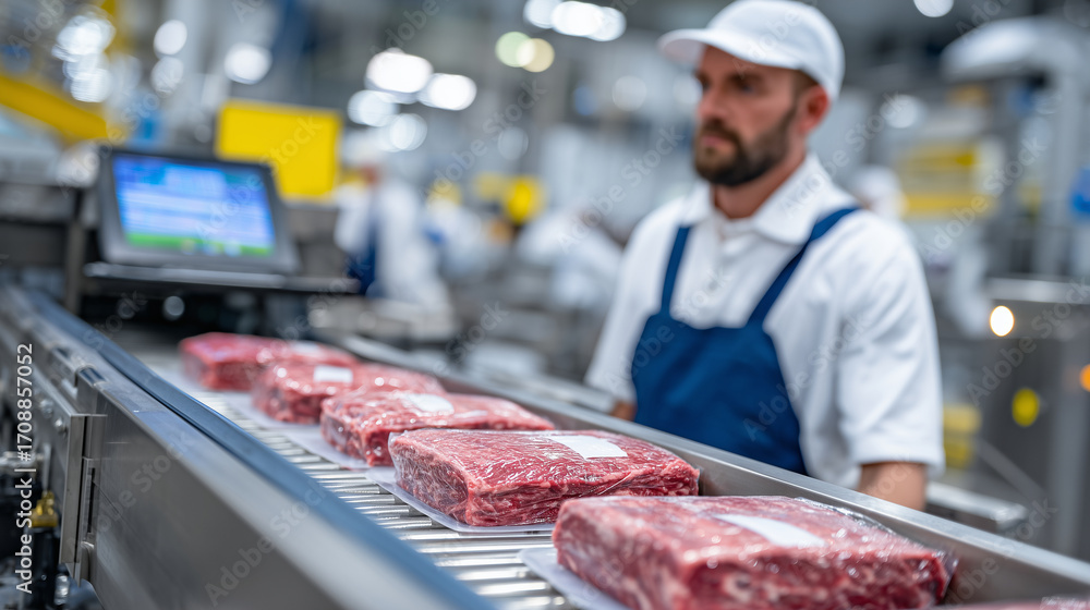 Poster worker supervising rows of meat packages moving through shrink-wrap machine, bright sterile factory 