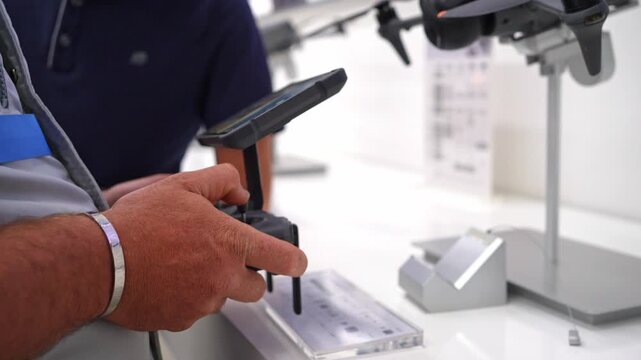 Two unrecognizable friends testing a drone flight simulator with a remote control at an electronics store. Retail shopping, consumer technology, purchase decision, product demo, and modern economy