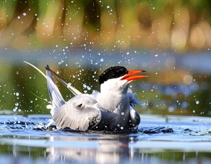A wading bird splashes in shallow water