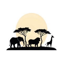 African savanna silhouette with elephant lion and giraffe under a large moon isolated on transparent background