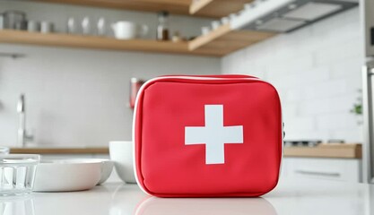 Red first aid kit with white cross symbol on white kitchen table, modern bright kitchen interior with wooden shelves in background