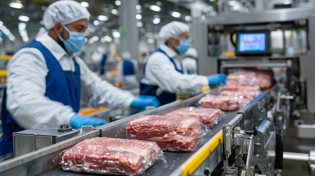 Overview of modern automated food factory, workers in protective clothing alongside robotic conveyors transporting plastic boxes of meat, sleek stainless steel environment