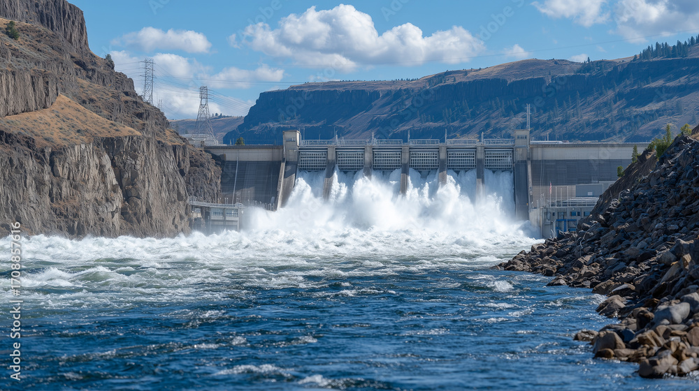 Poster concrete hydro dam structure with heavy water streams shooting through locks, creating frothy white 