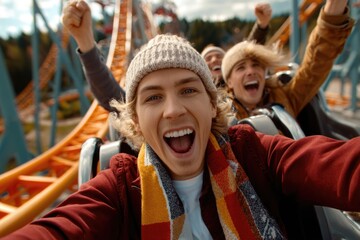 Obraz premium Young adults with joyful faces scream loudly on a fast roller coaster ride. They experience pure adrenaline and excitement at the thrilling amusement park attraction, having immense fun.