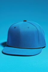 A blue snapback cap mockup on a bright blue background