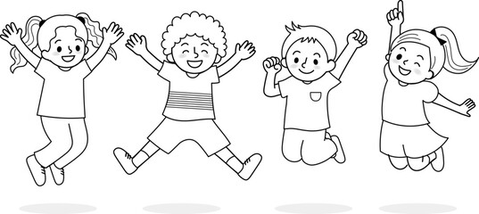 Black and White Line Art of Happy Jumping Children