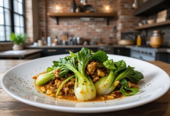 The Delicate Green of Bok Choy Stands Out Against Raw Brick Texture