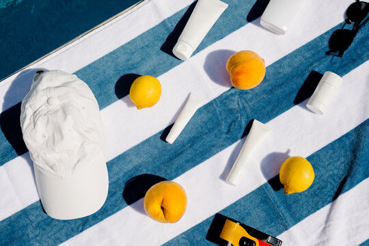 Close-up of a still life showing a pattern  with summer objects