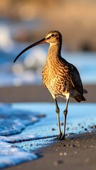 A wading bird stands on a sandy beach