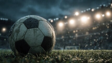 Fototapeta premium Soccer Ball Resting on Grass Field Under Stadium Lights, Ready for Action - Close-Up Shot of a Nighttime Football Match, Intense Game Moment