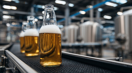 Shiny glass bottles filled with golden beer, conveyor belt gliding past stainless steel pipes, industrial brewery blending technology and tradition