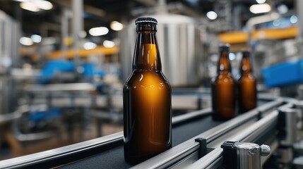 Bottles of beer with rich amber tones rolling down conveyor belt, mechanical arms working in background, brewery machinery reflecting precision and efficiency