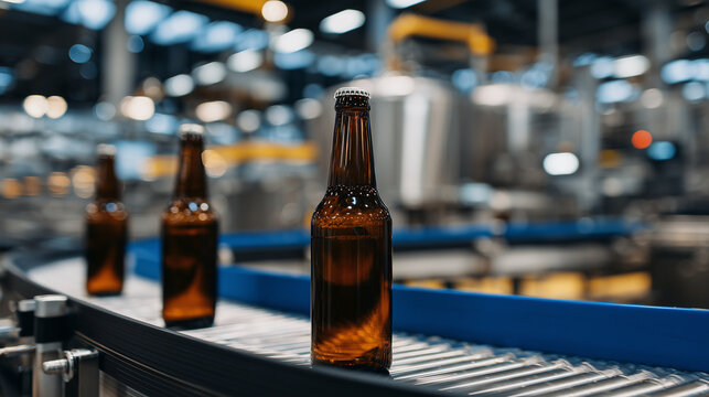 Bottles of beer with rich amber tones rolling down conveyor belt, mechanical arms working in background, brewery machinery reflecting precision and efficiency