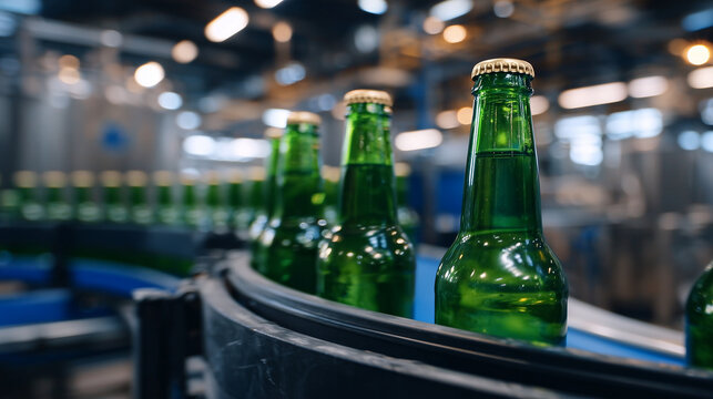 Close-up view of green glass beer bottles aligned in perfect rows, conveyor system carrying them through brewery production line, shining under cold industrial lighting - Powered by Adobe
