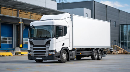White cargo truck parked on an industrial loading dock, ready for freight transport, high-resolution mockup with clean lines and reflective surfaces