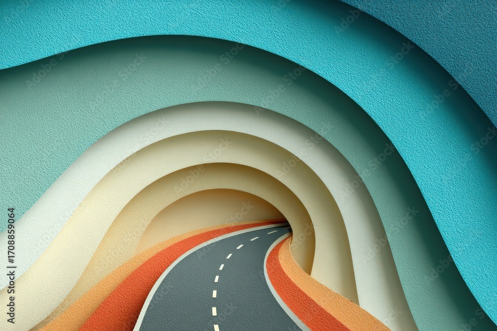 Poster dynamic layered road winding through colorful textured waves evoking a sense of journey and explorat