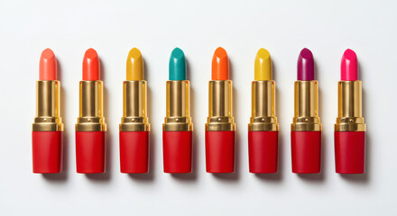 Obraz premium Collection of Colorful Lipsticks in Golden Cases on White Background 04