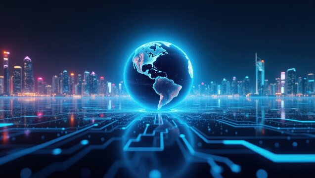 A digital globe rests on a circuit board backdrop, showcasing a global cityscape.