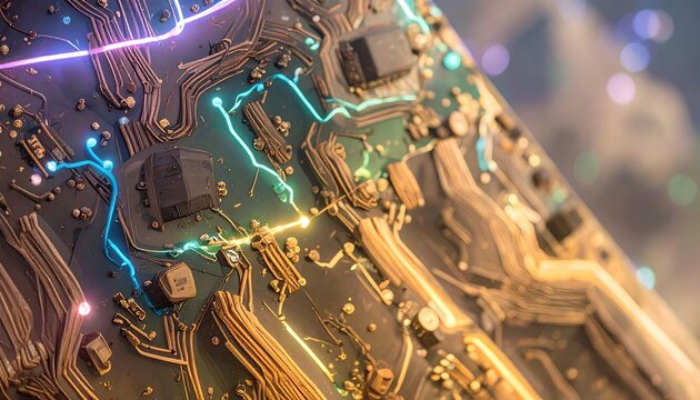 Close-up of circuit board with glowing electrical paths