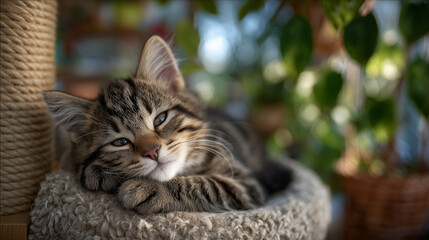 Adorable tabby kitten napping on a tall scratching post, rays of morning sun illuminating fur, cozy living room with plants in the background