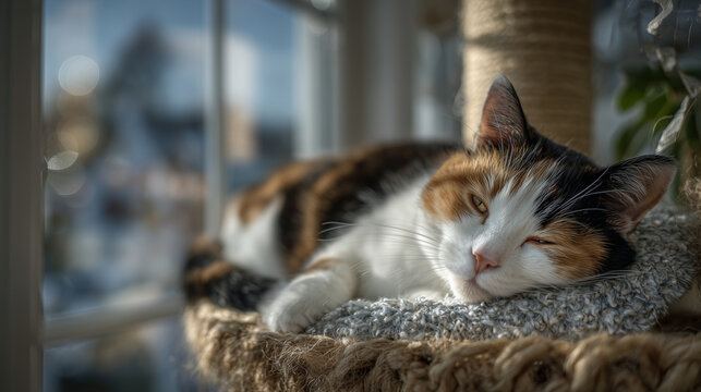 Sleeping calico cat on a scratching post by the window, warm sunlight reflecting off floor and walls, peaceful domestic morning setting