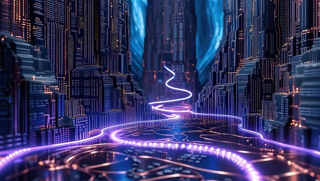 Futuristic city landscape with glowing lines and towering structures in a digital environment