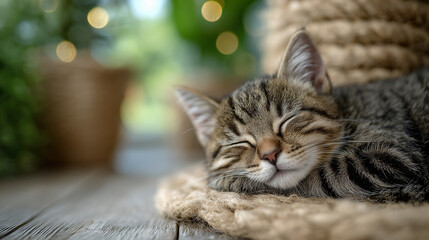 Small tabby cat sleeping on a scratching post, sunlit wooden floor and cozy interior, soft focus background adding to peaceful ambiance