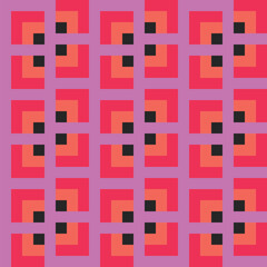 Pattern created from black, coral orange, red squares on a pink background