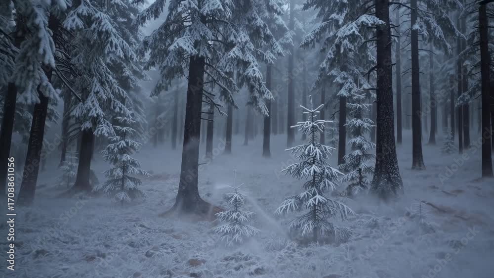 Poster misty winter forest with snow covered trees and fog creating a mystical atmosphere, captured in a ca