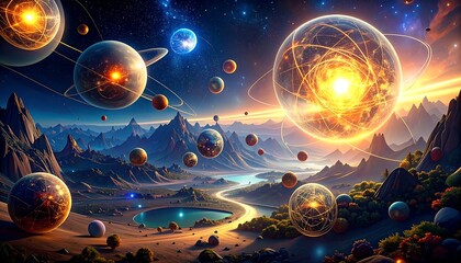 Cosmic landscape, vibrant spheres