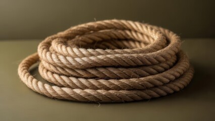 A tightly coiled, thick natural fiber rope rests on a muted olive-green surface, exhibiting a subtle play of light and shadow.  Its texture is coarse and slightly worn, suggesting age and use