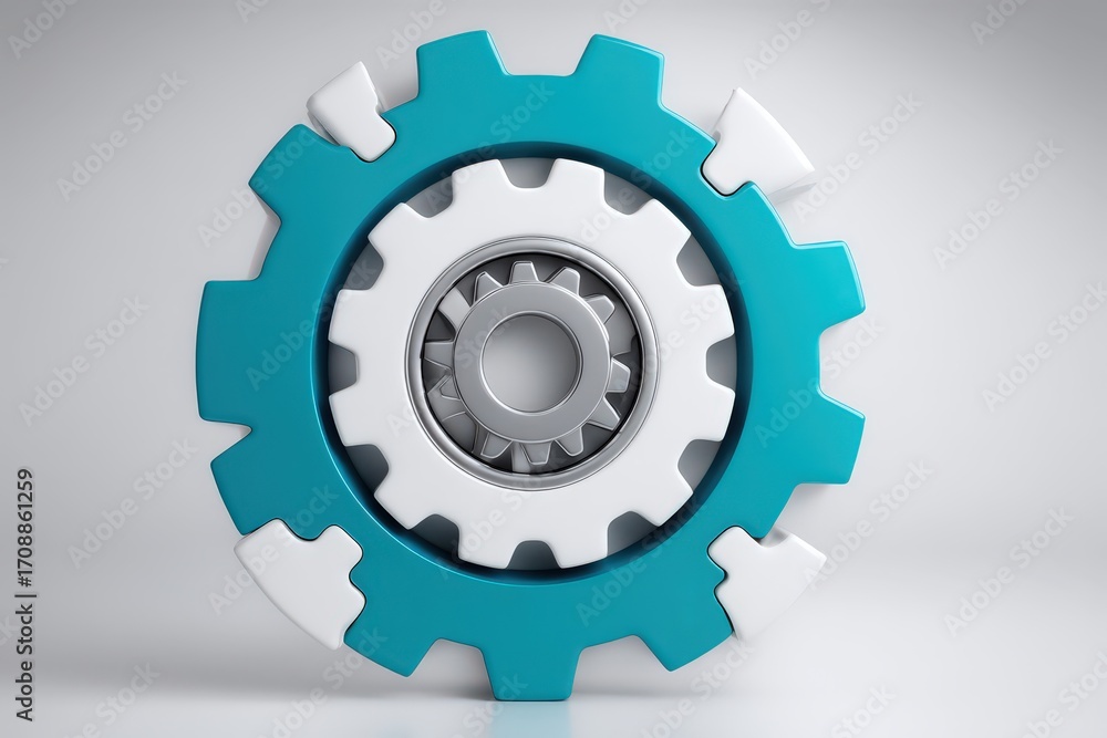 Poster innovative turquoise and white gear mechanism showcasing intricate design elements representing effi