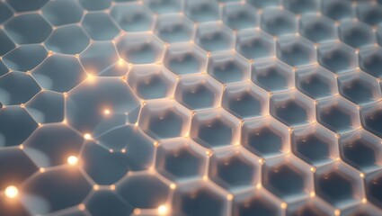 A close up view of a hexagonal cell structure with glowing connections and a soft blue color palette