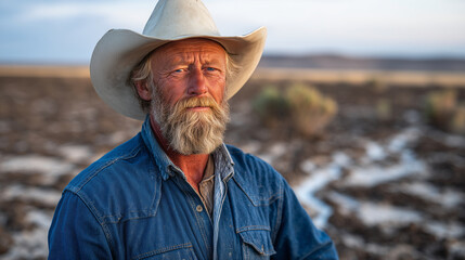 Fototapeta premium Farmer with sun-weathered face surveying barren farmland, dry soil fissures visible, sparse vegetation, hazy sky reflecting heat and drought conditions