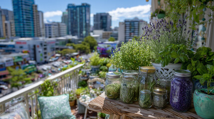 Balcony garden with herbs growing in recycled jars and pots, small seating area, cityscape behind, natural sunlight casting soft shadows