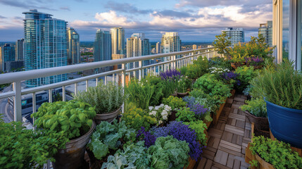 Fototapeta premium Vibrant potted herb garden on urban balcony, eco-friendly plant reuse, balcony railing lined with greenery, city skyline bathed in soft sunlight