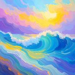 Vibrant, abstract seascape with swirling colors of sunrise or sunset over crashing waves